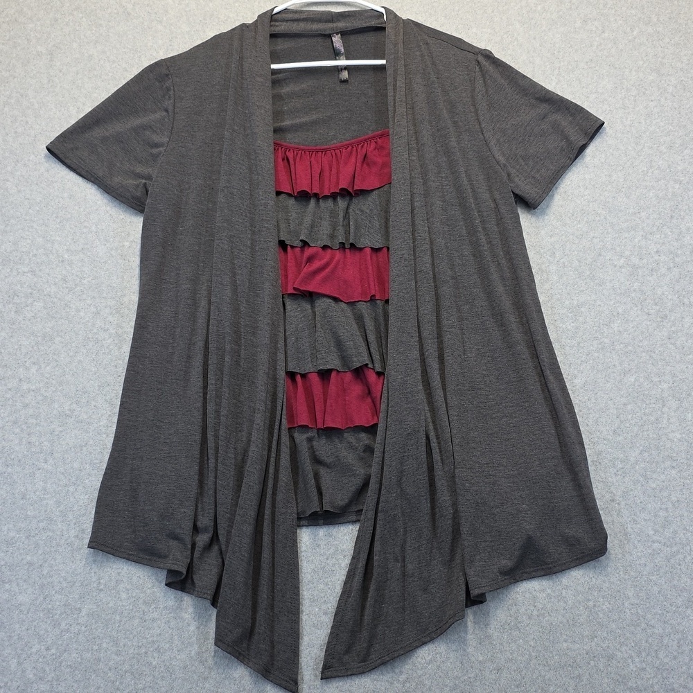 Gray and Red Layered Short Sleeve Cardigan